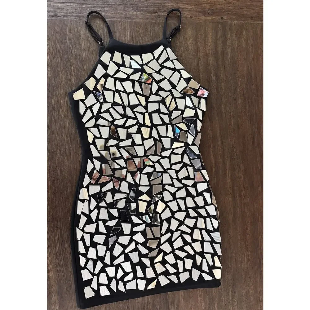 Glam Mirror Mosaic Sequin Dress Womens S/M Black Disco Party Club Festival - Picture 3 of 8